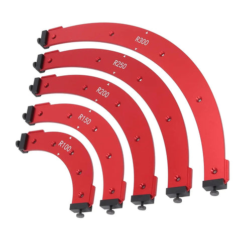 Pro Level Aluminum Round Corner Radius Template Set R100 To R300 showing sizes R100 to R300 in red aluminum for shaping cabinet edges.