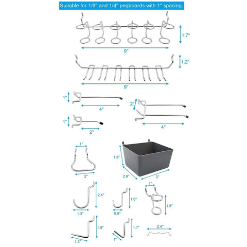 80 Piece Pegboard Hooks Set For 2.5 Cm Holes, Heavy Duty Metal Pegboard Hooks For Garage Tools, Craft Supplies And Jewelry, Killer Organization For Your Workshop Or Hobby Room, Durable And Easy To Use. Assorted metal pegboard hooks with sizes shown