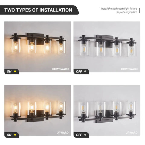 4 Light Black Vanity Light Fixtures For Modern Bathrooms Over The Mirror With Clear Glass Shades And Durable Metal Base Sleek Wall Sconces For Home Renovation, showing two installation types.