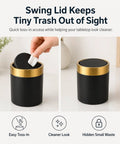 Mini Desktop Trash Can With Swing Lid Sleek Black And Brushed Gold Rim 1.5 Liter Capacity Compact 5.2 Inch Tall And 4.7 Inch Diameter