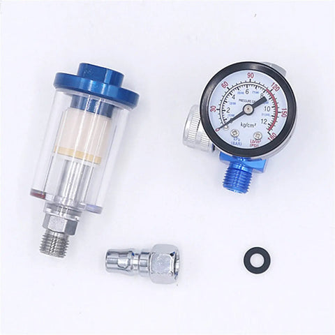 Top Shelf Hvlp Mini Paint Spray Gun With 0.8 And 1.0 Mm Tips 125 Ml Gravity Cup showing pressure regulator and air filter.