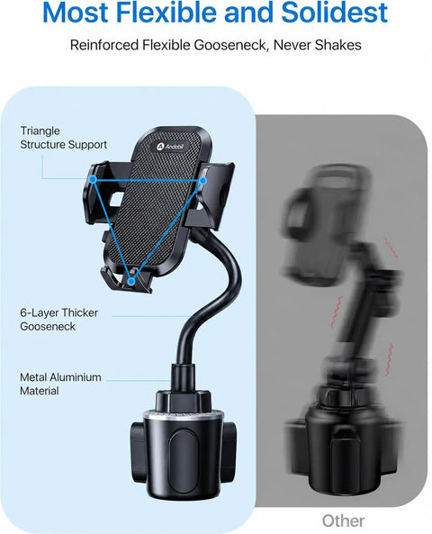 Built Tough Cup Holder Phone Mount with solid metal gooseneck and anti shake stabilizer