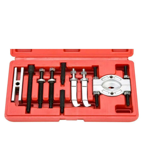 MINI 9 Piece Bearing Puller Separator Tool Set in red case with various sized jaws for gear and pulley removal, ideal for engines.