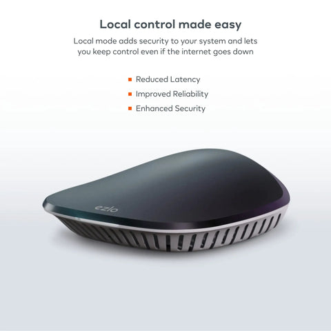 Ezlo Plus Smart Home Hub with Zigbee and Z-Wave connects to Wi-Fi devices, works with Alexa and Google Assistant, sleek design.