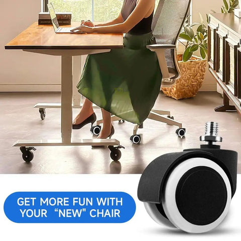 Close-up of a Five Piece Replacement Office Chair Wheels Set with threaded axles and smooth glide on hardwood floor.