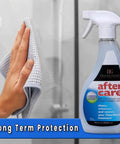Hand cleaning shower glass with Aftercare Shower Door Cleaner For Glass And Ceramic Non Abrasive Glass Cleaner That Protects And Conditions Bathroom Surfaces Extends Shower Glass Durability From 5 To 8 Years With One Monthly Spray For A Slick Streak Free Shine and a cloth next to the product bottle.