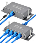 4 Port Gigabit Ethernet Splitter Powered Network Switch With Wall Mount Ears, showing blue cables connected, metal casing