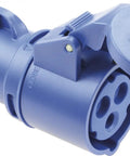 Blue Cee Industrial Power Connector 32 Amp 230 Volt Weatherproof Plug 3 Pole 6 Hole IP44 Rating, close-up view.