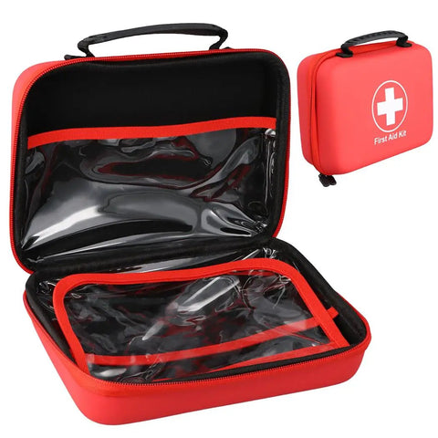 Open red Waterproof EVA First Aid Organizer Kit For Family Use with clear pouches showing interior compartments.