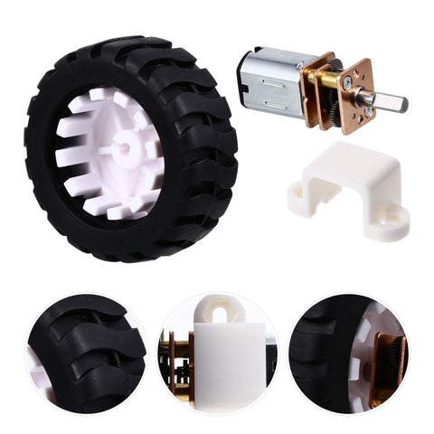 2 Sets Mini DC Gear Motor Kit With Rubber Tire Lightweight Reducer Motor For DIY Projects And Educational Experiments High Torque And Low Noise Design shown with parts and close-ups