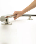 Hand holding 30 Inch Crescent Curved Shower Grab Bar Built Tough In Polished 304 Stainless Steel One Piece Welded Cap 250 Pound Weight Capacity Includes Mounting Screws For Easy Install.