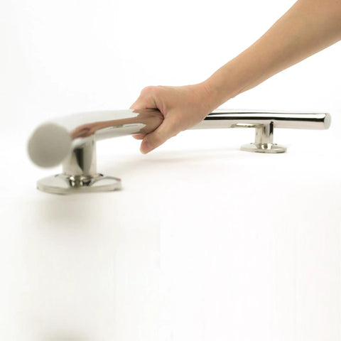 Hand holding 30 Inch Crescent Curved Shower Grab Bar Built Tough In Polished 304 Stainless Steel One Piece Welded Cap 250 Pound Weight Capacity Includes Mounting Screws For Easy Install.