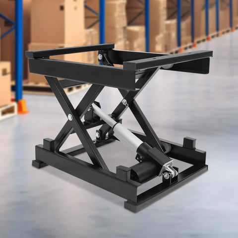Sturdy Electric Scissor Lift Table With Remote And Manual Control Holds 130 Lbs For Easy Material Handling In Garage And Warehouse Plus Foldable Hydraulic Platform Adjusts Height From 7.17 To 16.14 Inches, black scissor lift with hydraulic mechanism.