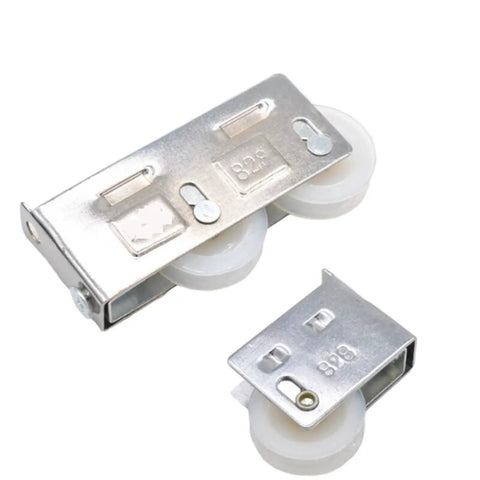 Smooth Operator Double And Single Wheel Sliding Door Pulley Rollers For Vinyl And Aluminum Track Slick Glide Heavy Duty Replacement Parts Four Pack with two metal pulleys and white wheels.