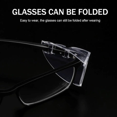 Close-up of 15 Pairs Slip On Eye Glasses Side Shields For Safety Glasses Flexible Clear Shields on black eyeglasses, folded position.
