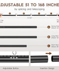 No Drill Tension Curtain Rod Set 51 To 168 Inches adjustable parts and insertion design, rust resistant black.