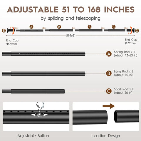 No Drill Tension Curtain Rod Set 51 To 168 Inches adjustable parts and insertion design, rust resistant black.