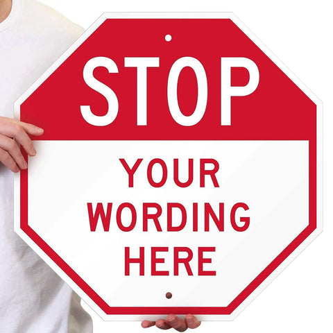 Tough As Nails Custom Stop Sign 18 X 18 Inches With Super Slick 3M Reflective Finish Hella Durable Rustproof Aluminum Metal For Outdoor Parking Lots Gates And Garages Usa Made held by a person.
