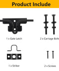 Heavy Duty Slide Bolt Gate Latch With Padlock Hole, shown with striker, carriage bolts, screws for wooden fence and yard doors.