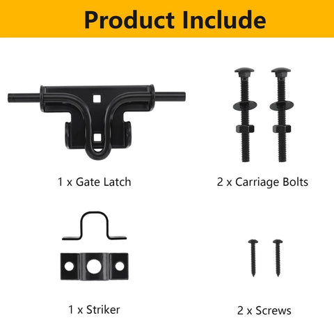 Heavy Duty Slide Bolt Gate Latch With Padlock Hole, shown with striker, carriage bolts, screws for wooden fence and yard doors.