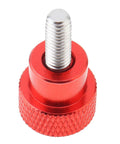 Close-up of a Six Pack M4 10mm Stainless Steel Knurled Thumb Screw with Red Aluminum Head, showcasing round clamping knob.