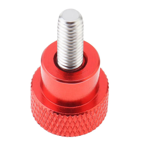 Close-up of a Six Pack M4 10mm Stainless Steel Knurled Thumb Screw with Red Aluminum Head, showcasing round clamping knob.