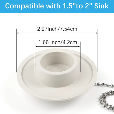 Solid 2 Pack Rubber Tub Stopper With Long Stainless Steel Beaded Chain And Heavy Duty Drain Plug For 1.5 To 2 Inch drains, dimensions visible.