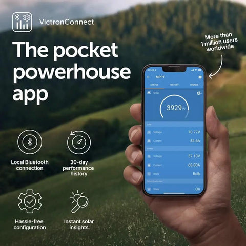 VictronConnect app display showing solar data, linked with SmartSolar MPPT Charge Controller With Bluetooth 60A 250V MC4 NH354