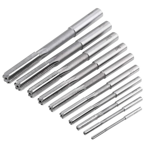 Ten-piece HSS H7 reamer set with straight shanks in assorted diameters for precise bore sizing