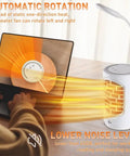 Compact Ceramic Space Heater 600W With LED Light And 4 In 1 Function Desk Heater for home office showing automatic rotation