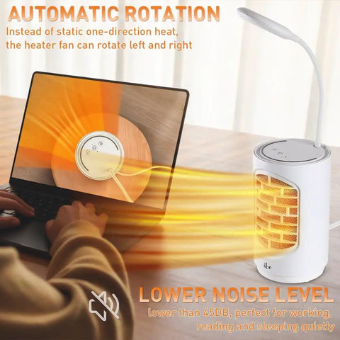 Compact Ceramic Space Heater 600W With LED Light And 4 In 1 Function Desk Heater for home office showing automatic rotation