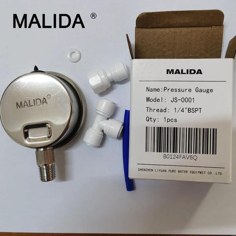 Malida stainless water pressure gauge with 1/4 BSPT thread and plastic adapters