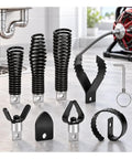 Premium Replacement Drain Cutter Head Set For Milwaukee M18 Drum Machine, Eight Piece Auger Kit with spiral blades and snake parts.