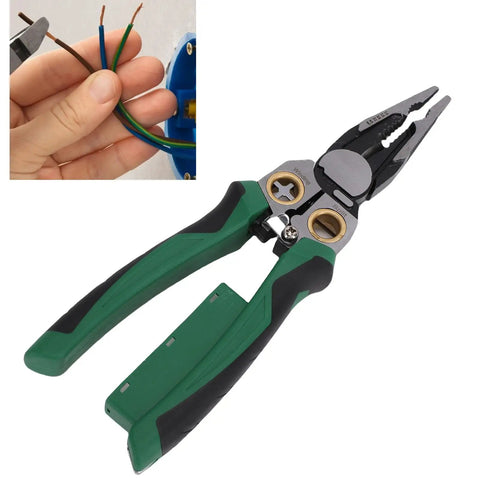 Badafaci 8 In 1 Wire Stripper Voltage Tester Multifunctional Crimping Cutting Pliers Electrical Tool with green handles.