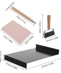 Ten Piece Rubber Carving Blocks Printmaking Kit With Ink Roller And Tools, Sturdy Carving Platform, Easy Grip Blocks For Stamp Making And Printmaking, Great For Beginners And Pros. Rubber block, carving knife, ink roller, and platform with sizes shown.