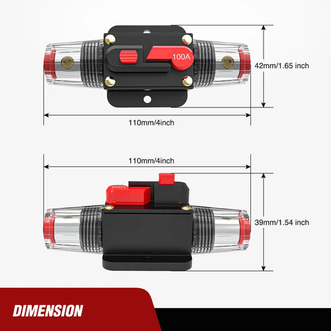 100A Inline Circuit Breaker With No Fuss Manual Reset For 12 To 24V DC Systems, Rugged Fuse Holder, Push Button Reset, Auto Protection For Cars Boats ATVs And Off Road Gear, 110mm x 42mm dimensions