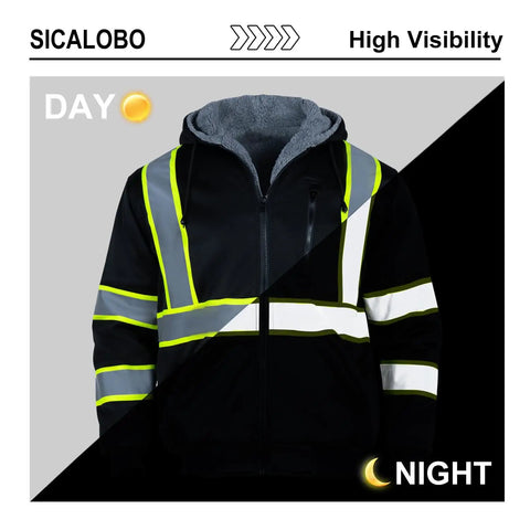 Hi Vis Fleece Lined Safety Hoodie For Men With Reflective Stripes, Winter Bomber Jacket Style, ANSI 107, Black, 2XL