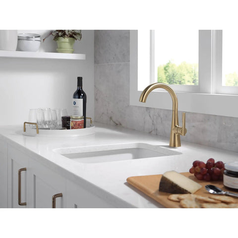 Modern Single Handle Bar Sink Faucet With Smooth Glide Lever And Slick Brushed Gold Finish for clean kitchen design and single hole setup.
