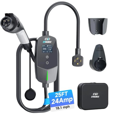 Level 2 EV Charger 24 Amp 240 Volt With 25 Foot Cable For Home Garage NEMA 14 30P Plug J1772 Non Tesla EV Compatible Adjustable Current