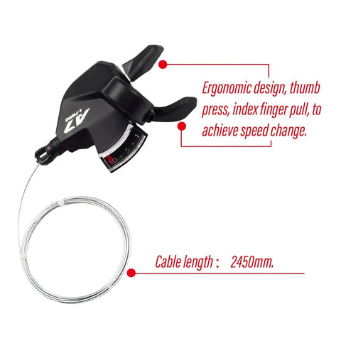 Heavy Duty Beefy 10 Speed Right Shift Lever Set showing ergonomic design and cable length of 2450mm with thumb press index finger pull