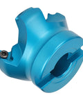 Blue aluminum alloy CNC lathe face mill head, angled view.