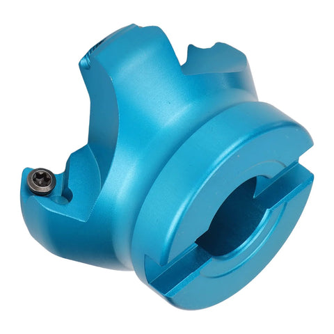 Blue aluminum alloy CNC lathe face mill head, angled view.