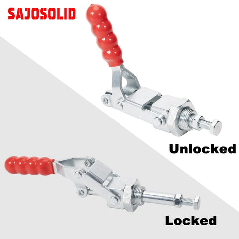 2 Pack Heavy Duty Push Pull Toggle Clamp 36224 Rock Solid 700 Lb Grip Quick Release Workholding Fixture For Metal Fabrication And Woodworking Shop Beast With Easy Action Steel Frame in unlocked and locked positions.