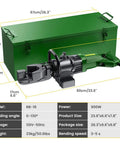 Heavy Duty 900W Electric Rebar Bender Machine With Pure Copper Motor shown with dimensions and green storage box for construction use.