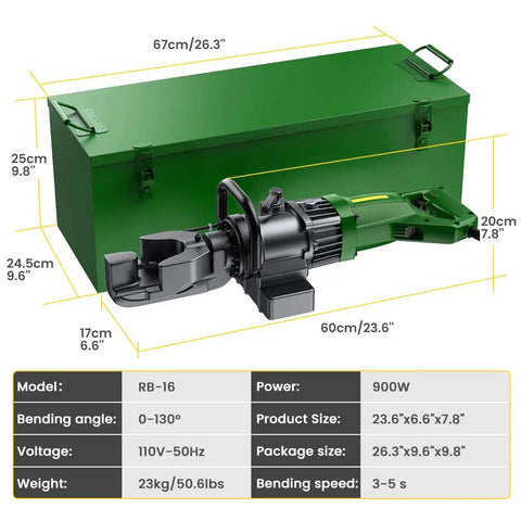 Heavy Duty 900W Electric Rebar Bender Machine With Pure Copper Motor shown with dimensions and green storage box for construction use.