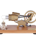 DIY Gamma-Shape Stirling Engine Kit With Generator And LED Lights, bronze metal model on wood base, 6.30×2.36×2.93 in