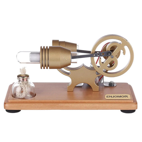 DIY Gamma-Shape Stirling Engine Kit With Generator And LED Lights, bronze metal model on wood base, 6.30×2.36×2.93 in