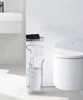 Free Standing Chrome Toilet Paper Holder With Reserve Shelf And Storage Basket near modern toilet in bathroom