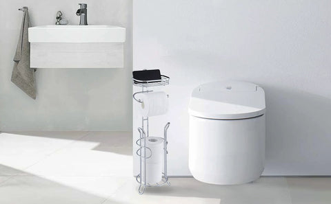 Free Standing Chrome Toilet Paper Holder With Reserve Shelf And Storage Basket near modern toilet in bathroom
