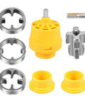 Heavy Duty Flcpjgv PvC Pipe Threader Kit For Effortless Plumbing parts including yellow opener and various metal dies.
